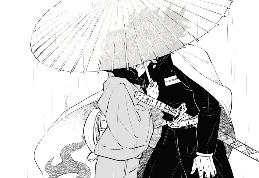 1boy 1girl belt braid cape couple cowboy_shot demon_slayer_uniform flame_print from_side greyscale hair_over_shoulder hand_up hetero highres holding holding_umbrella japanese_clothes katana kimetsu_no_yaiba kimono kiss komo_(pixiv63440981) long_sleeves monochrome obi oil-paper_umbrella pants ponytail rain rengoku_ruka rengoku_shinjurou sash shared_umbrella sheath sheathed silhouette sword umbrella weapon wide_sleeves