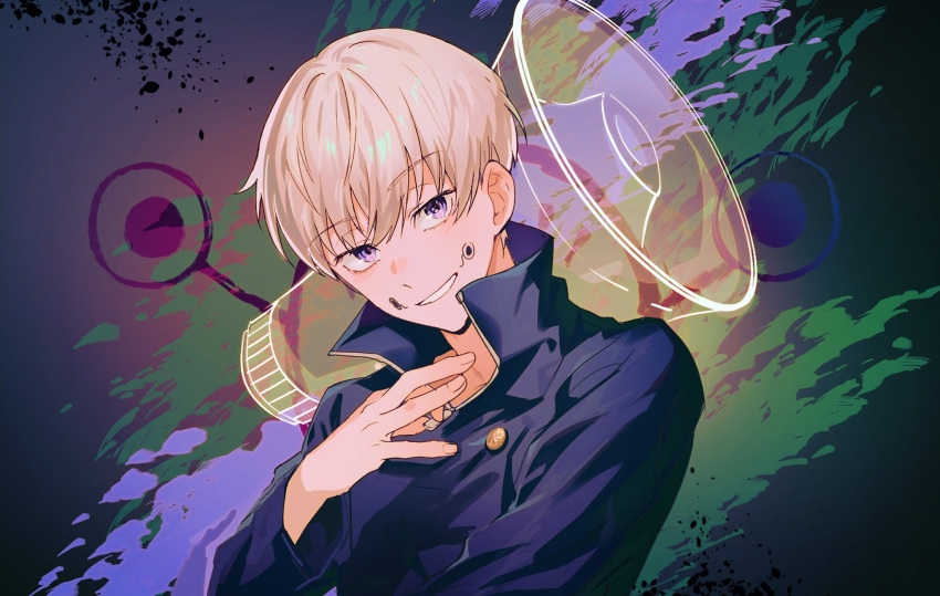 1boy blonde_hair blue_jacket facial_tattoo green_background hand_up high_collar highres inumaki_toge jacket jujutsu_kaisen jujutsu_tech_uniform looking_at_viewer male_focus megaphone purple_background sebin_13 short_hair smile solo tattoo upper_body violet_eyes