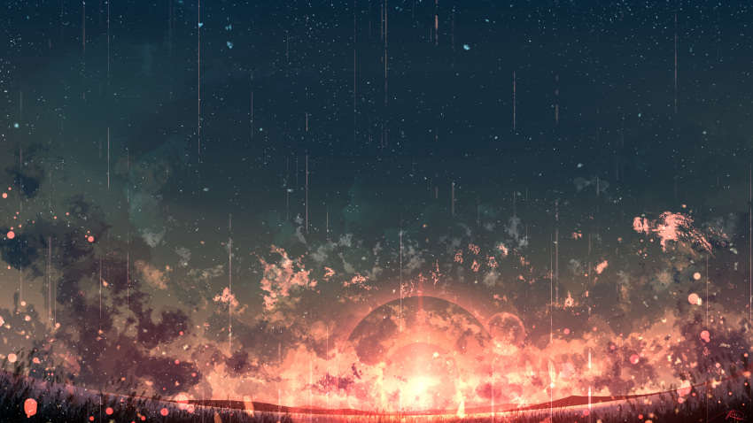 chinese_commentary clouds commentary_request grass highres light_particles night night_sky no_humans original outdoors rain rune_xiao scenery signature sky star_(sky) starry_sky still_life sun sunset
