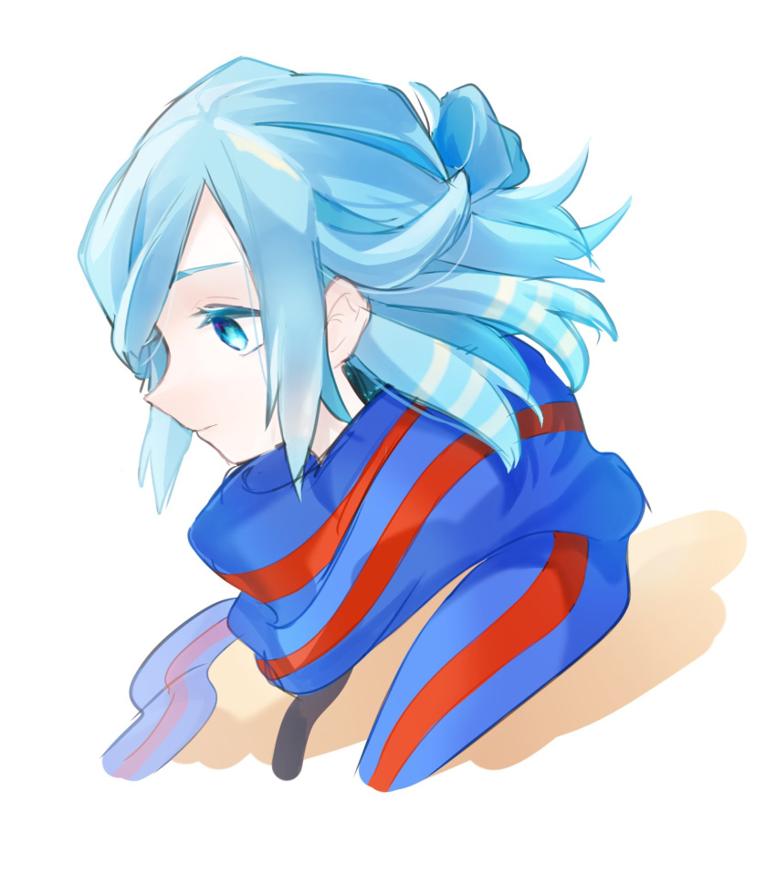 1boy aqua_eyes aqua_hair blue_scarf closed_mouth commentary grusha_(pokemon) highres jacket looking_down male_focus medium_hair pokemon pokemon_(game) pokemon_sv portrait scarf simple_background sketch smile solo striped striped_scarf symbol-only_commentary ukocome white_background yellow_jacket