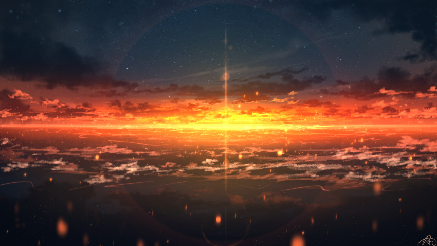 chinese_commentary clouds commentary_request highres lens_flare light_particles no_humans original outdoors rune_xiao scenery signature sky star_(sky) starry_sky still_life sunset