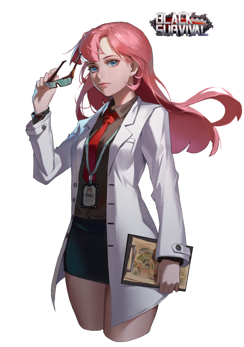 1girl absurdres black_skirt black_survival blue_eyes closed_mouth collared_shirt copyright_name cropped_legs floating_hair grey_shirt highres holding holding_eyewear lab_coat long_hair long_sleeves looking_at_viewer miniskirt necktie pauld pencil_skirt pink_hair red_necktie shirt simple_background skirt solo standing white_background wing_collar