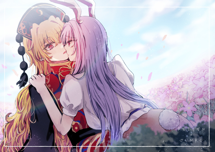 2girls absurdres animal_ears black_dress black_headwear blush character_name clouds commentary dress eye_contact face-to-face flower hand_on_another's_shoulder hara22hara highres junko_(touhou) long_hair long_sleeves looking_at_another multiple_girls parted_lips phoenix_crown pink_flower rabbit_ears rabbit_tail red_eyes reisen_udongein_inaba shirt short_hair tabard tail touhou upper_body very_long_hair white_shirt yuri