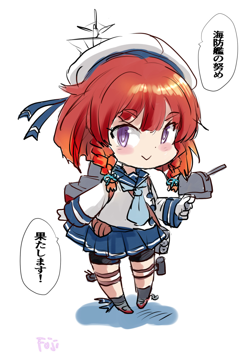 1girl :&gt; adapted_turret bike_shorts blue_neckerchief blue_sailor_collar blue_skirt bob_cut braid cannon commentary_request etorofu_(kancolle) fuji_(pixiv24804665) gloves gradient_hair hat highres kantai_collection long_sleeves machinery multicolored_hair neckerchief orange_hair pleated_skirt redhead sailor_collar sailor_hat school_uniform serafuku shorts shorts_under_skirt side_braid side_braids skirt smile solo thick_eyebrows translation_request turret twin_braids violet_eyes white_gloves white_headwear