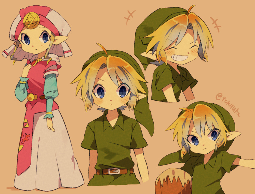 +++ 1boy 1girl ^_^ ahoge artist_name belt belt_buckle blonde_hair blue_eyes blush brown_belt buckle closed_eyes closed_mouth collared_shirt commentary_request dress expressionless frilled_sleeves frills frown full_body green_headwear green_shirt grin hand_up hat jewelry layered_sleeves link long_sleeves looking_at_viewer multiple_views necklace orange_background parted_bangs pointy_ears princess_zelda shirt short_hair short_over_long_sleeves short_sleeves sidelocks simple_background smile standing teeth the_legend_of_zelda the_legend_of_zelda:_ocarina_of_time tokuura triforce twitter_username upper_body v-shaped_eyebrows white_dress white_headwear young_link young_zelda