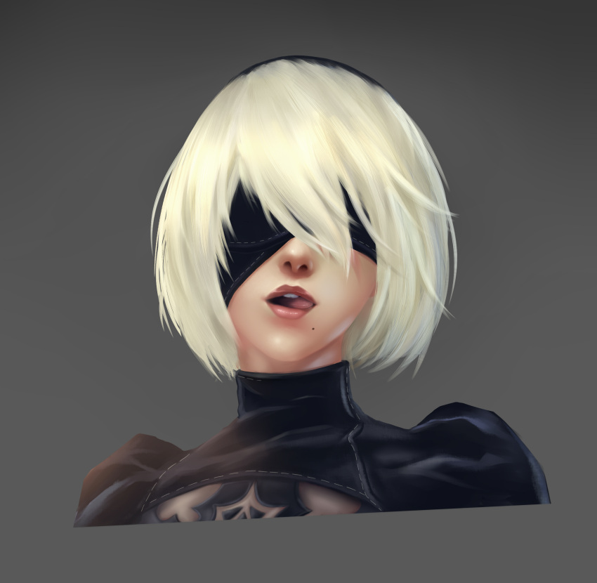 1girl covered_eyes cropped_torso grey_background highres mole mole_under_mouth nier:automata nier_(series) open_mouth portrait short_hair simple_background solo turtleneck white_hair yorha_no._2_type_b yuyin_raozhuzi