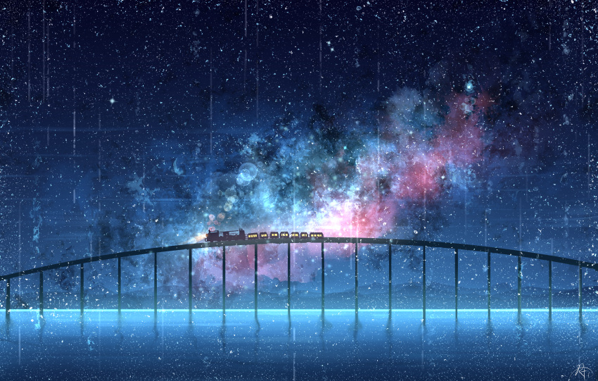 absurdres bridge chinese_commentary clouds commentary ground_vehicle highres nebula night night_sky no_humans ocean original outdoors rune_xiao scenery signature sky star_(sky) starry_sky still_life train