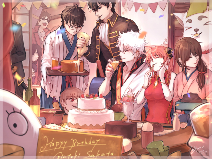 &gt;_&lt; 2girls 6+boys alcohol ascot aya_shiro423 beer black_hair breasts brown_hair cake character_name character_request china_dress chinese_clothes chopsticks cigarette confetti dated dog dress drinking eating elizabeth_(gintama) food fruit gintama hairpods hand_up happy_birthday highres hijikata_toushirou indoors japanese_clothes kagura_(gintama) kimono military military_uniform mouth_hold multiple_boys multiple_girls okita_sougo parfait pink_kimono red_dress sakata_gintoki sheath sheathed shimura_shinpachi sitting sliding_doors small_breasts squeezing strawberry string_of_flags sunglasses uniform white_ascot white_hair white_kimono wine