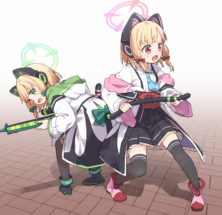 2girls animal_ear_headphones animal_ears black_footwear black_skirt black_thighhighs blonde_hair blue_archive blue_necktie bow cat_ear_headphones commentary_request fake_animal_ears green_bow green_eyes hair_bow halo headphones highres holding_another's_tail jacket midori_(blue_archive) momoi_(blue_archive) multiple_girls necktie open_mouth pink_footwear red_bow red_eyes shadow shirt shoes short_hair siblings sisters skirt standing tail thigh-highs thighs twins white_jacket white_shirt yukie_(kusaka_shi) zettai_ryouiki