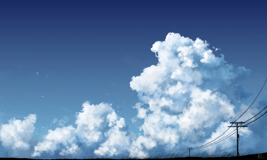 absurdres blue_sky clouds day grass highres no_humans original outdoors power_lines rune_xiao scenery signature sky still_life utility_pole