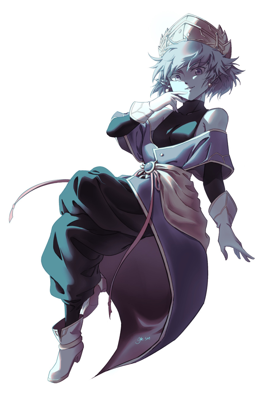 1girl absurdres aeos_(dragon_ball) baggy_pants bare_shoulders blue_eyes blue_hair blue_skin boots colored_skin crossed_legs dragon_ball dragon_ball_heroes earrings full_body gloves hand_up high_heels highres jewelry looking_at_viewer pants pointy_ears potara_earrings short_hair shumai_(sm318) signature simple_background smile solo tiara white_background white_footwear white_gloves