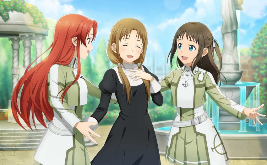 3girls :d black_dress blue_eyes blue_ribbon blurry blurry_background brown_hair character_request closed_eyes day dress green_shirt green_skirt hair_ribbon lens_flare long_hair long_sleeves low_twintails miniskirt multiple_girls nun open_mouth outdoors pleated_skirt red_eyes redhead ribbon ronye_arabel shirt skirt smile standing straight_hair sword_art_online tiese_schtrinen twintails
