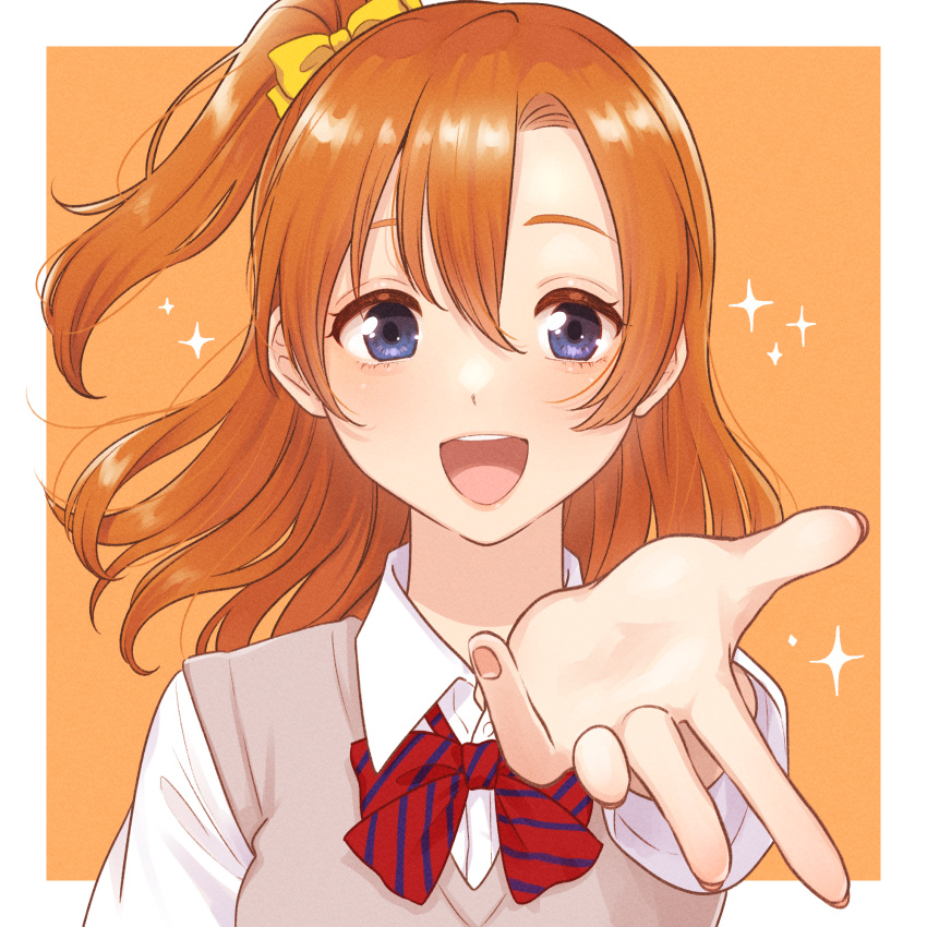 1girl blue_eyes commentary_request facing_viewer hair_ribbon highres kousaka_honoka love_live! love_live!_school_idol_project medium_hair mogggggge open_mouth orange_background orange_hair otonokizaka_school_uniform portrait ribbon school_uniform shirt short_sleeves simple_background smile solo sweater_vest teeth upper_teeth_only white_background white_shirt yellow_ribbon