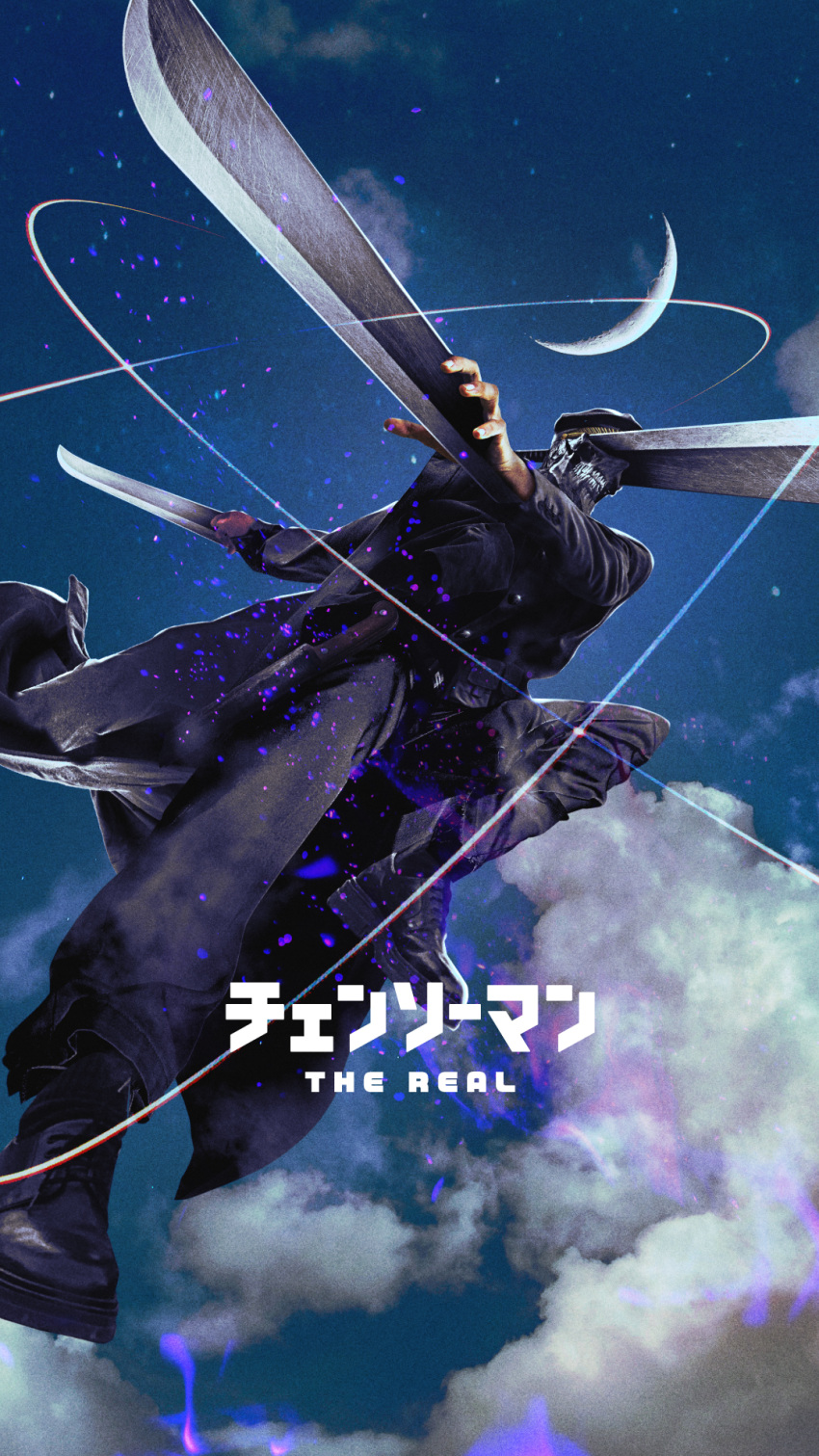 1boy black_coat black_pants black_shirt blue_sky chainsaw_man chainsoul4 clouds coat crescent_moon facing_to_the_side foreshortening highres katana katana_man_(chainsaw_man) midair moon pants shirt sky slashing solo sword weapon