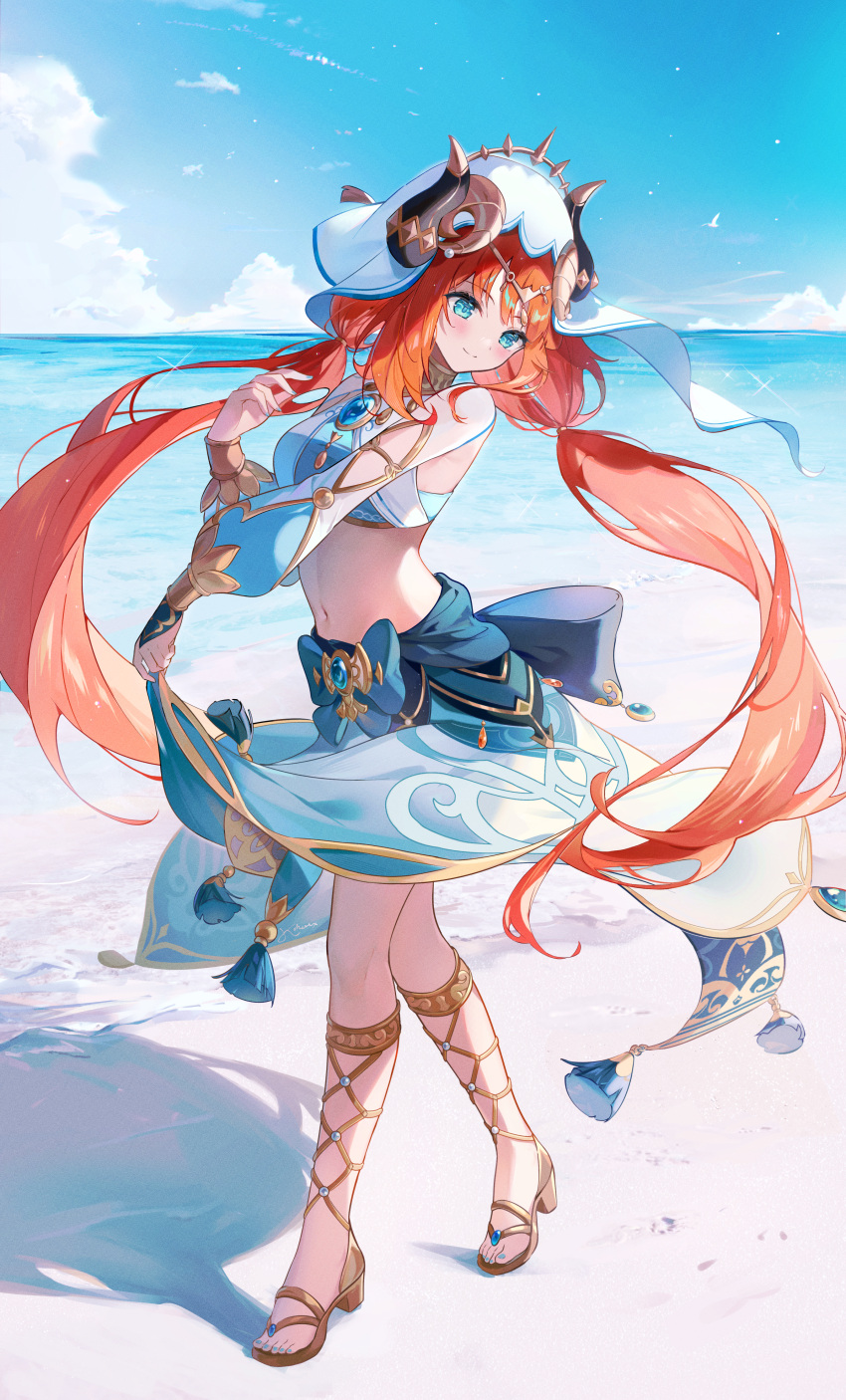 1girl absurdres beach blue_bow blue_eyes blue_gemstone blue_nails blue_skirt blue_sky blush bow bridal_gauntlets circlet closed_mouth clouds commentary crop_top curled_horns day detached_sleeves english_commentary eyelashes fake_horns fingernails floating_hair full_body gem genshin_impact gladiator_sandals gold_trim hand_up harem_outfit headpiece high_heels highres horns kokonex long_hair long_sleeves midriff nail_polish navel nilou_(genshin_impact) ocean outdoors parted_bangs puffy_long_sleeves puffy_sleeves redhead sandals shirt sidelocks skirt skirt_hold sky sleeveless sleeveless_shirt smile solo sparkle split_mouth standing stomach tassel toenail_polish toenails toes twintails veil very_long_hair vision_(genshin_impact) water
