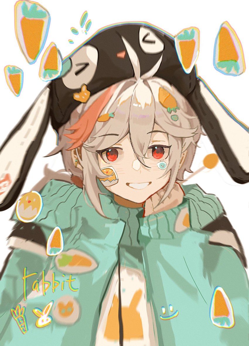 1boy animal_ears animal_hat blush carrot fake_animal_ears genshin_impact green_sweater grey_background hat head_rest highres kaedehara_kazuha long_sleeves low_ponytail male_focus multicolored_hair rabbit_ears rabbit_hat red_eyes redhead smile smiley_face solo sticker_on_face sweater teeth white_hair xiaolvzijiang