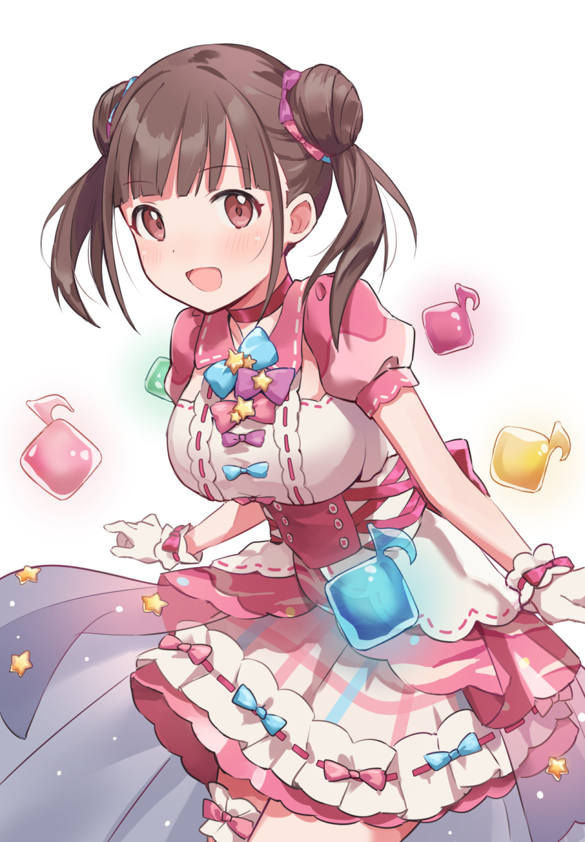 1girl blue_ribbon blush bow breasts bridal_garter brown_hair cow dot_nose double_bun dress dress_bow hair_bun highres idolmaster idolmaster_poplinks idolmaster_shiny_colors knokzm large_breasts layered_dress leaning_forward long_hair looking_at_viewer musical_note open_mouth overskirt pink_dress puffy_short_sleeves puffy_sleeves purple_ribbon red_eyes red_ribbon ribbon ribbon-trimmed_dress scrunchie see-through short_sleeves simple_background smile solo sonoda_chiyoko star_(symbol) twintails white_background
