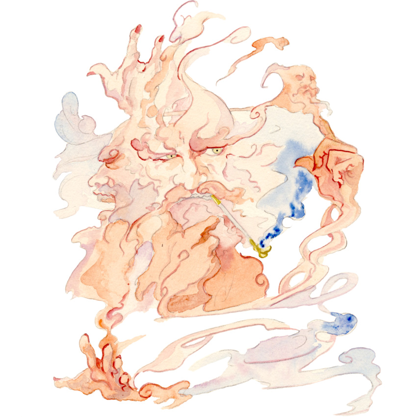 1boy beard commentary_request disembodied_limb extra_faces facial_hair gunba_(5meters) highres index_finger_raised kiseru male_focus mouth_hold simple_background smoke smoking smoking_pipe solo touhou unzan white_background yellow_eyes