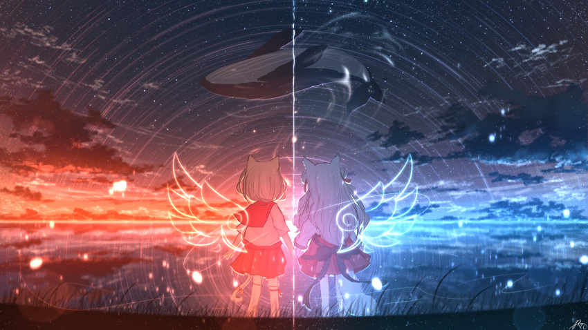 2girls animal_ears cat_ears cat_girl cat_tail chinese_commentary clouds commentary_request from_behind grass highres holding_hands light_particles long_hair multiple_girls night night_sky orca original outdoors red_skirt rune_xiao scenery shirt short_hair signature skirt sky standing star_(sky) starry_sky sunset symmetry tail white_hair white_shirt wings