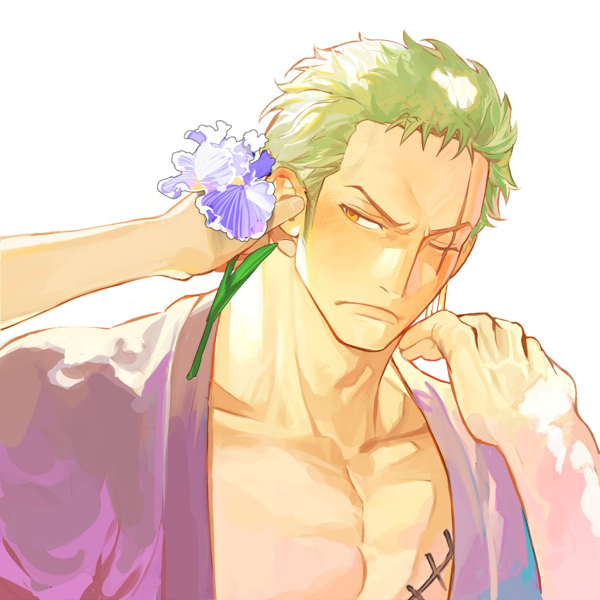 1boy blush closed_mouth earrings flower green_hair highres japanese_clothes jewelry kimono looking_to_the_side male_focus muscular muscular_male one_piece orange_eyes pectoral_cleavage pectorals purple_kimono roronoa_zoro scar scar_across_eye short_hair solo v-shaped_eyebrows white_background ynnn_m