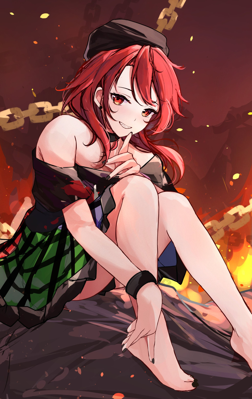 1girl absurdres barefoot black_headwear black_nails chain error hecatia_lapislazuli highres looking_at_viewer multicolored_clothes multicolored_skirt off_shoulder orchid_(orukido) parted_lips plaid plaid_skirt red_eyes redhead sitting skirt smile solo touhou wrong_feet