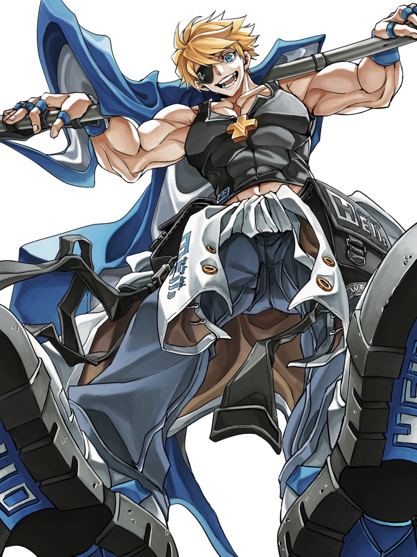 1boy black_shirt blonde_hair blue_eyes clothes_around_waist collarbone denim dong_hole english_text flag flagpole from_below guilty_gear guilty_gear_strive highres holding holding_weapon jeans looking_at_viewer muscular muscular_male open_mouth pants shirt shoes short_hair simple_background sin_kiske solo weapon white_background