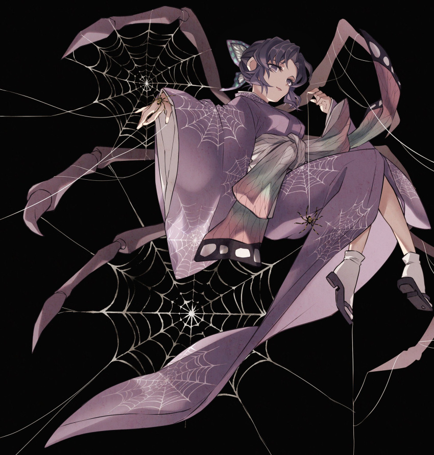 1girl adapted_costume animal animal_on_hand arthropod_girl black_background bug butterfly_hair_ornament closed_mouth from_below from_side full_body hair_ornament hand_up highres invisible_chair japanese_clothes kimetsu_no_yaiba kimono kochou_shinobu light_smile long_sleeves looking_at_viewer morita_yuu obi outstretched_arm purple_hair purple_kimono purple_theme sash shoe_soles silk simple_background sitting socks solo spider spider_girl spider_web spider_web_print updo violet_eyes white_socks wide_sleeves zouri