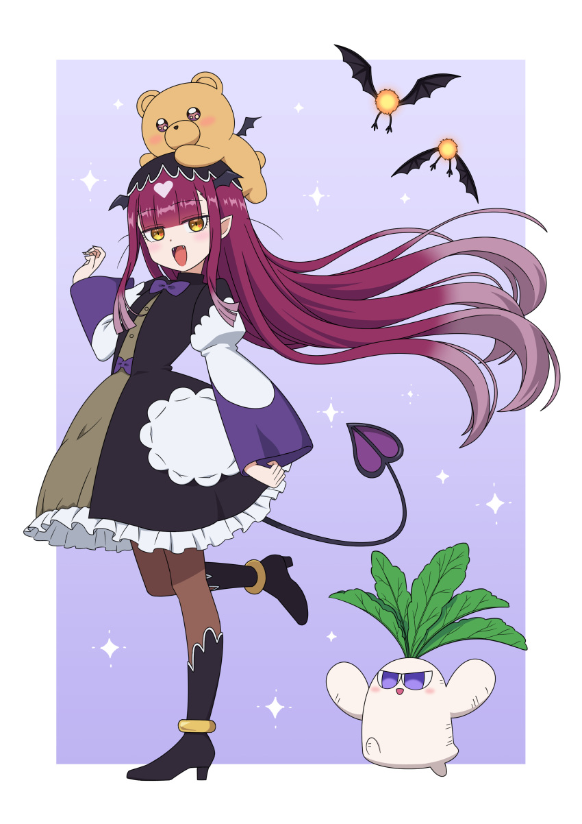 1girl :d absurdres animal_on_head bat_wings black_footwear bow brown_pantyhose daikon demon_tail dress fangs floating_hair frilled_dress frills head_wings heart highres long_hair long_sleeves maou-jou_de_oyasumi on_head open_mouth pantyhose pointy_ears purple_bow radish smile solo standing standing_on_one_leg succyun tail teddy_demon tuxedokuma very_long_hair wide_sleeves wings