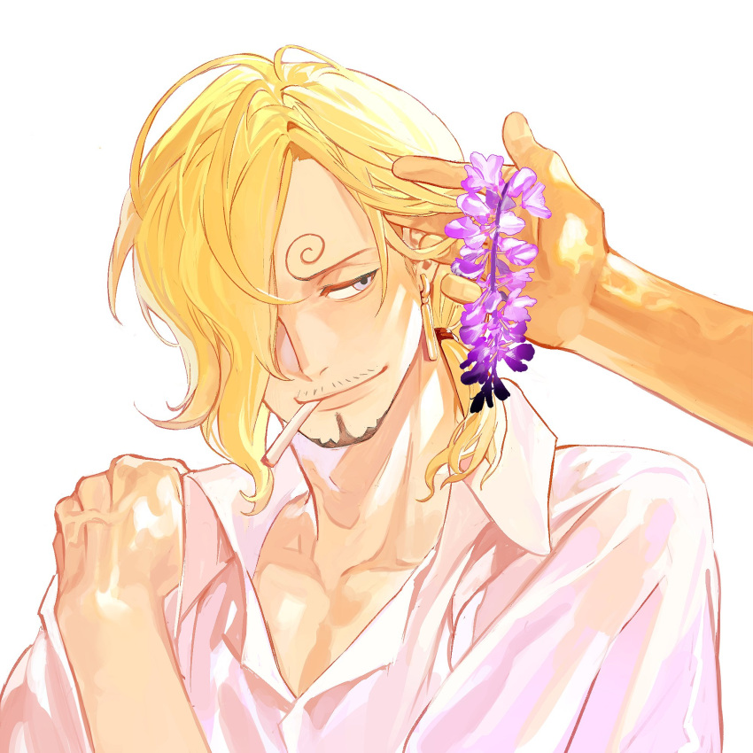 1boy blonde_hair blue_eyes cigarette collarbone dress_shirt earrings facial_hair flower green_hair hair_over_one_eye half-closed_eyes highres jewelry looking_to_the_side male_focus one_piece pectoral_cleavage pectorals ponytail sanji_(one_piece) shirt short_hair smile veins veiny_arms white_background white_shirt ynnn_m