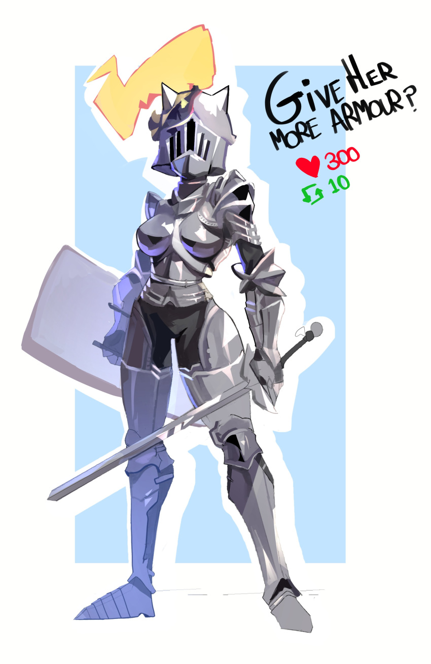 1girl absurdres armor armored_boots blonde_hair boots breastplate breasts facing_viewer full_armor full_body gauntlets green_background helm helmet highres holding holding_weapon knight large_breasts original pauldrons plate_armor shoulder_armor shoulder_plates solo vivelia weapon white_background