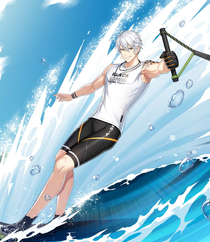 1boy bare_arms black_footwear black_gloves black_shorts blue_sky bracelet closers clouds full_body gloves grey_eyes grin highres j_(closers) jewelry looking_to_the_side necklace ocean official_art outstretched_arm pants shirt short_hair shorts single_glove sky sleeveless sleeveless_shirt smile solo spray teeth tight_clothes tight_pants water water_skiing white_hair white_shirt