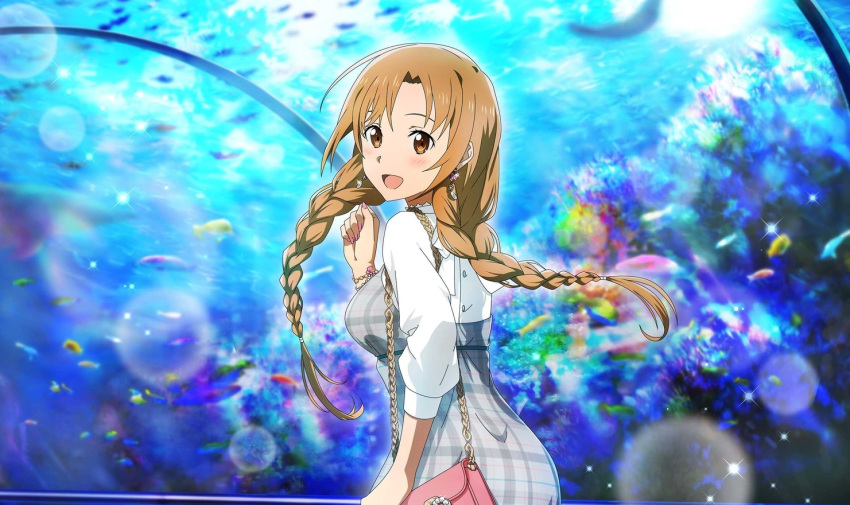 1girl :d aquarium asuna_(sao) bag blurry blurry_background braid brown_eyes brown_hair dress dress_shirt earrings floating_hair from_side grey_dress handbag jewelry lens_flare long_hair long_sleeves low_twintails open_mouth pinafore_dress plaid plaid_dress shirt sleeveless sleeveless_dress smile solo sparkle sword_art_online twin_braids twintails very_long_hair white_shirt