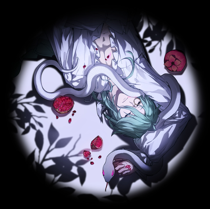 1boy absurdres baizhu_(genshin_impact) center_frills changsheng_(genshin_impact) closed_eyes closed_mouth darkcatowo facing_viewer food frills fruit genshin_impact green_hair hair_between_eyes hair_down highres holding leaf long_hair long_sleeves lying male_focus monocle on_back open_clothes open_shirt pomegranate round_image shadow shirt snake solo spotlight upper_body upside-down white_background white_shirt white_snake