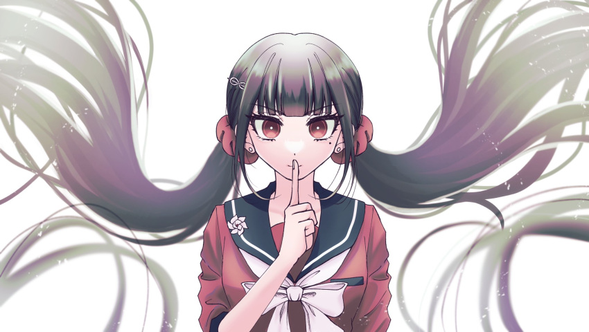 1girl black_sailor_collar blunt_bangs bow bowtie breast_pocket brown_hair danganronpa_(series) danganronpa_v3:_killing_harmony earrings floating_hair hair_ornament hair_scrunchie hairclip harukawa_maki highres index_finger_raised jewelry long_hair long_sleeves looking_at_viewer low_twintails mole mole_under_eye pocket red_eyes red_scrunchie red_shirt sailor_collar satori_(aosky9077) school_uniform scrunchie shirt smile solo twintails very_long_hair wavy_hair white_background white_bow white_bowtie