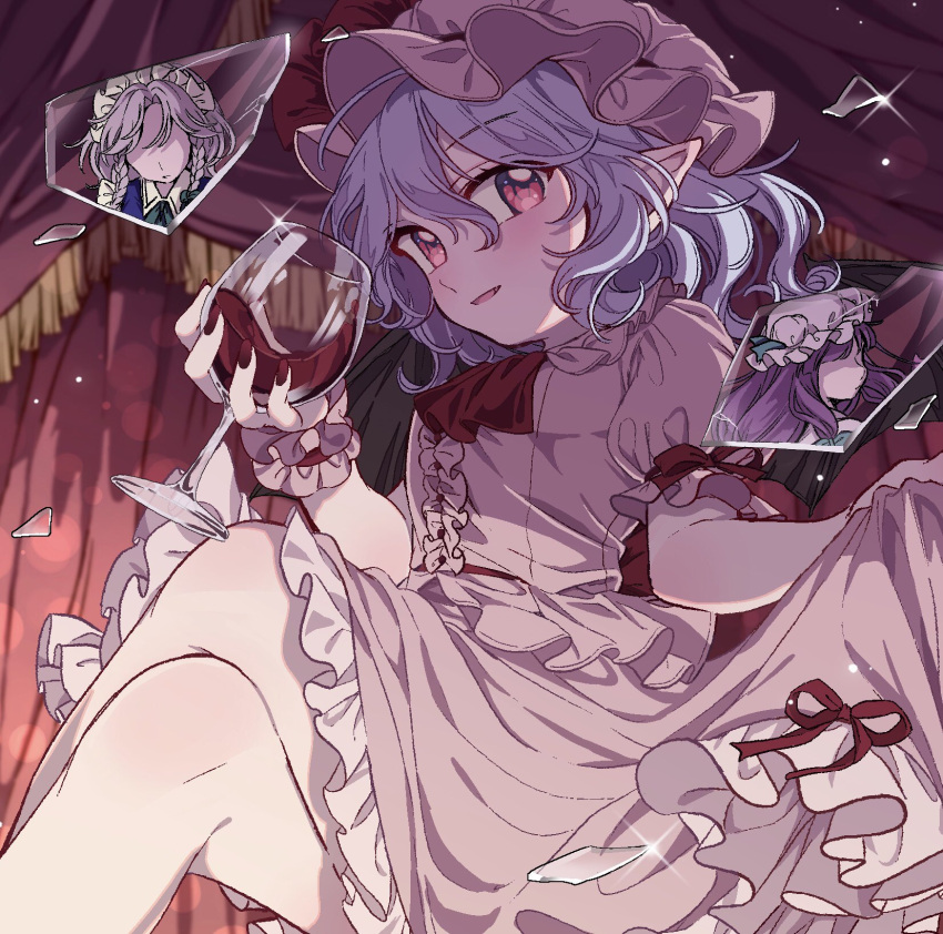 1girl ascot blue_hair braid broken_glass commentary_request cup curtains drinking_glass fang feet_out_of_frame glass hair_between_eyes hat highres holding holding_cup izayoi_sakuya looking_at_viewer maid_headdress medium_hair mob_cap nail_polish open_mouth patchouli_knowledge pink_headwear pink_shirt pink_skirt pointy_ears purple_hair red_ascot red_eyes red_nails reflection remilia_scarlet satomachi shirt short_sleeves skirt smile solo touhou twin_braids wine_glass wings wrist_cuffs