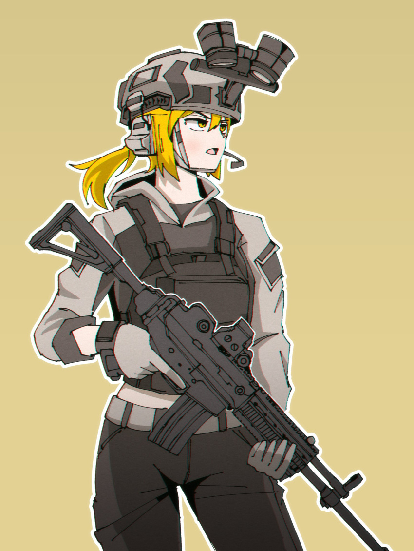 1girl binoculars black_pants black_shirt blonde_hair brown_background commentary_request cowboy_shot gloves grey_gloves grey_headwear grey_hoodie gun hair_between_eyes helmet highres holding holding_gun holding_weapon hood hood_down hoodie k2 korean_commentary long_hair looking_away low_ponytail nyagurisushi open_mouth original outline pants ponytail shirt simple_background solo weapon white_outline yellow_eyes