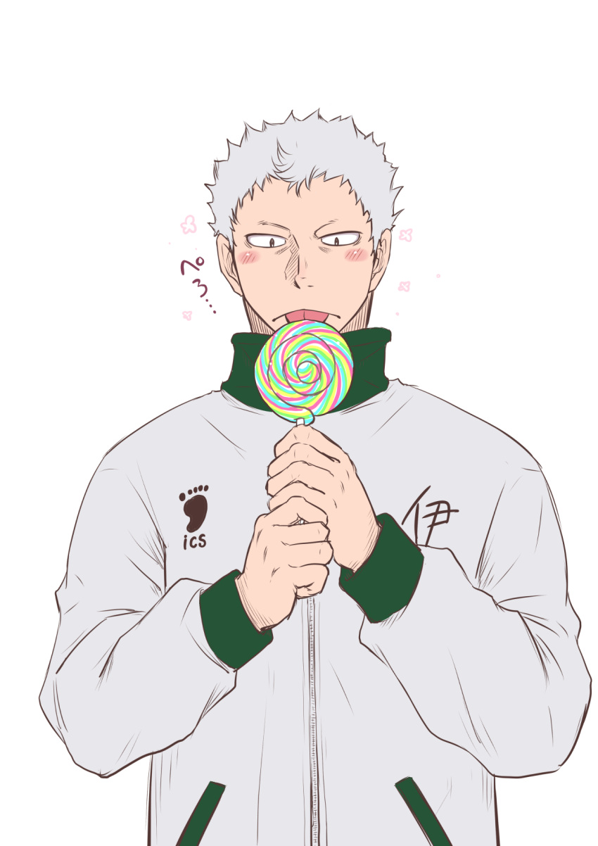 1boy aone_takanobu blush candy food gym_uniform haikyuu!! happy_aura highres holding holding_candy holding_food licking lollipop male_focus notice_lines pon_kan short_hair solo sound_effects tongue tongue_out upper_body white_hair