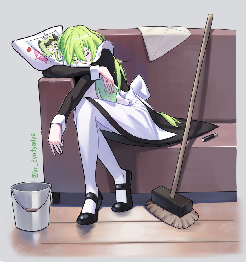 1girl apron black_dress black_footwear broom bucket closed_eyes commentary couch covered_mouth dakimakura_(object) dress dustcloth dyadyadya elysia_(honkai_impact) facing_viewer green_hair grey_background hair_between_eyes highres honkai_(series) honkai_impact_3rd juliet_sleeves long_hair long_sleeves mobius_(honkai_impact) object_hug on_couch pantyhose pillow pillow_hug puffy_sleeves rag shoes simple_background solo symbol-only_commentary twitter_username very_long_hair white_apron white_pantyhose wooden_floor