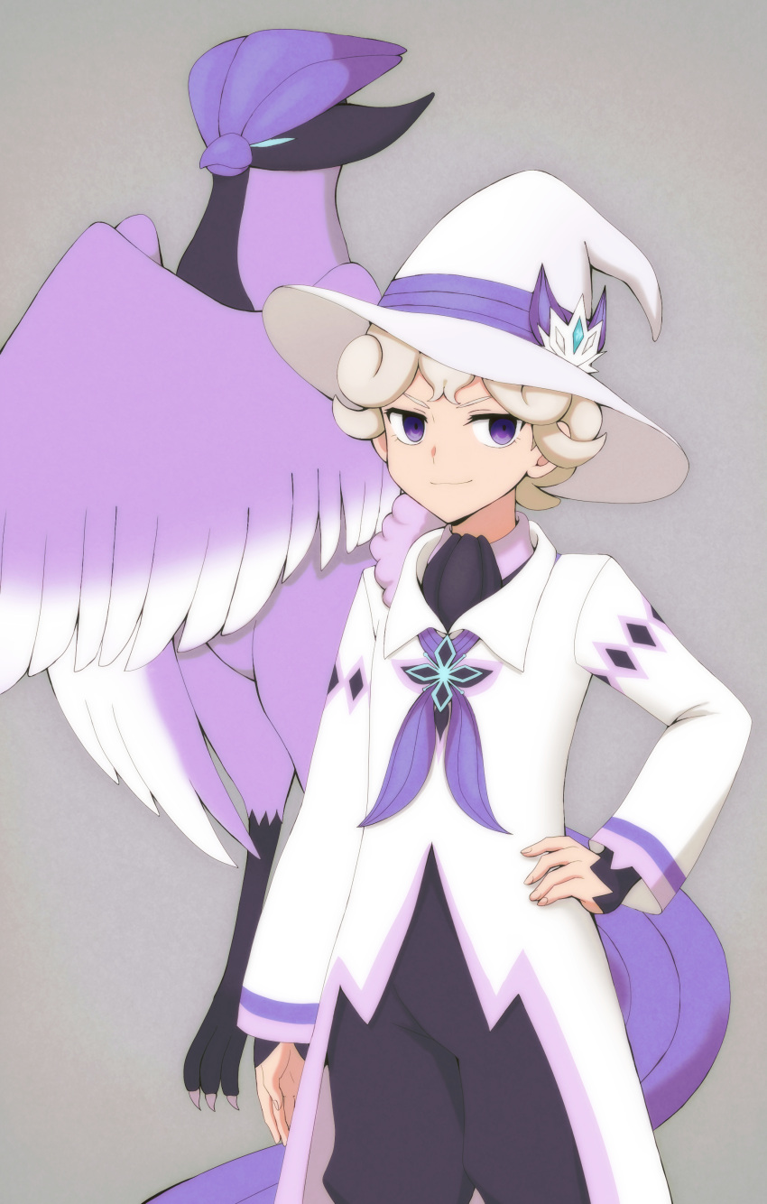 1boy absurdres bede_(champion)_(pokemon) bede_(pokemon) bird blonde_hair closed_mouth coat commentary_request curly_hair galarian_articuno grey_background hand_on_own_hip hat hat_ribbon highres koroni_(nkrgs) long_sleeves male_focus official_alternate_costume pokemon pokemon_(creature) pokemon_(game) pokemon_masters_ex purple_ribbon ribbon short_hair smile violet_eyes white_coat white_headwear wizard_hat