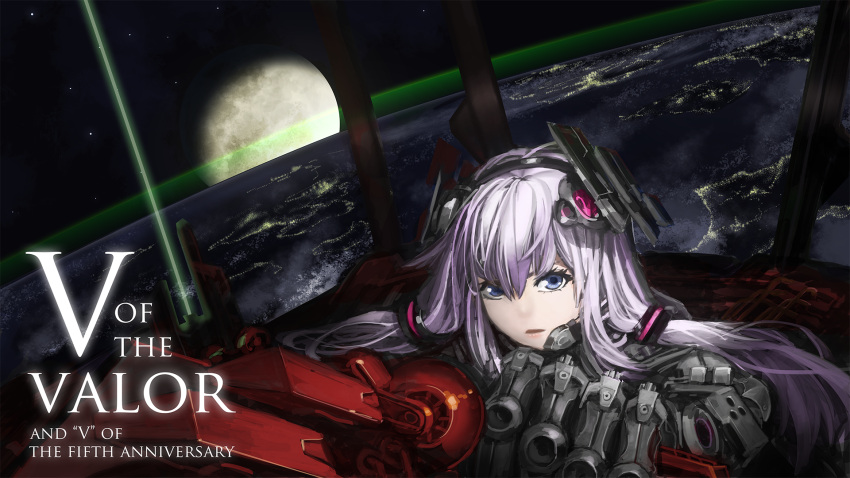 1girl anniversary blue_eyes commentary_request earth_(planet) expressionless fuhak hair_between_eyes headgear highres laser long_bangs long_hair looking_at_viewer mechanical_arms moon open_mouth planet purple_hair sidelocks sky solo space star_(sky) starry_sky upper_body vocaloid voiceroid yuzuki_yukari