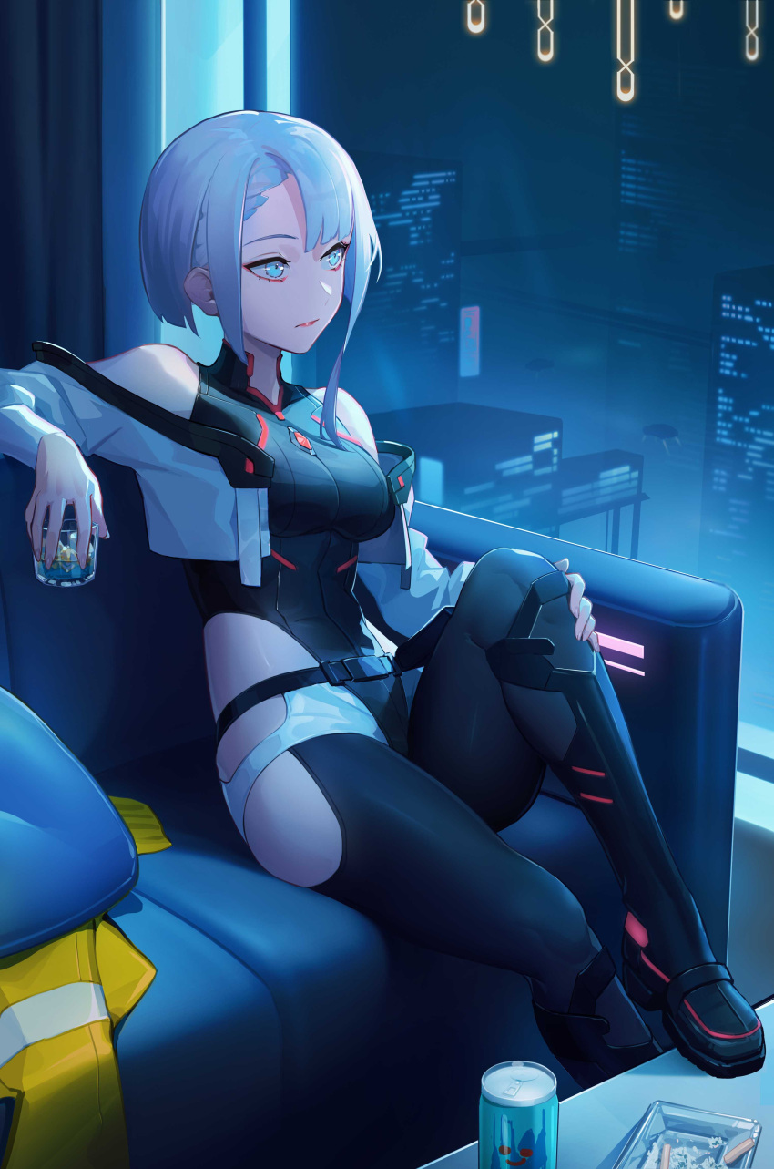 1girl absurdres asymmetrical_bangs black_leotard black_thighhighs blue_eyes breasts closed_mouth couch cropped_jacket cup cyberpunk_(series) cyberpunk_edgerunners grey_hair highleg highleg_leotard highres holding holding_cup indoors leotard lucy_(cyberpunk) medium_breasts micro_shorts piao_miao red_lips short_hair shorts sitting solo thigh-highs white_shorts