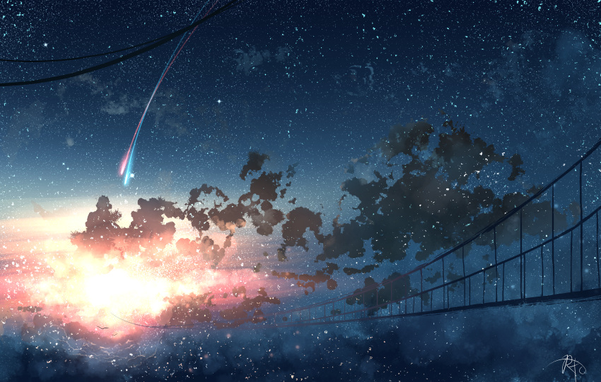 absurdres bridge chinese_commentary clouds comet commentary_request highres night night_sky no_humans original outdoors rune_xiao scenery signature sky star_(sky) starry_sky still_life sunset