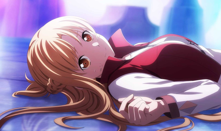 1girl asuna_(sao) blurry blurry_background braid brown_eyes bruise bruise_on_face closed_mouth from_side injury jacket light_brown_hair long_hair long_sleeves looking_at_viewer lying on_back open_clothes open_jacket red_jacket shirt sleeveless sleeveless_jacket smile solo sweatdrop sword_art_online upper_body white_shirt