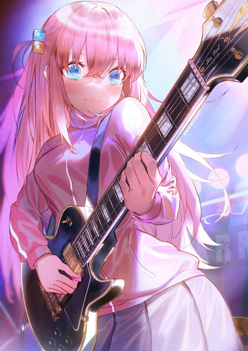 1girl blue_eyes bocchi_the_rock! breasts closed_mouth commentary_request cube_hair_ornament electric_guitar gotou_hitori grey_skirt guitar hair_between_eyes hair_ornament highres holding holding_instrument instrument jacket long_hair long_sleeves medium_breasts one_side_up pink_hair pink_jacket pleated_skirt skirt solo usanekorin very_long_hair