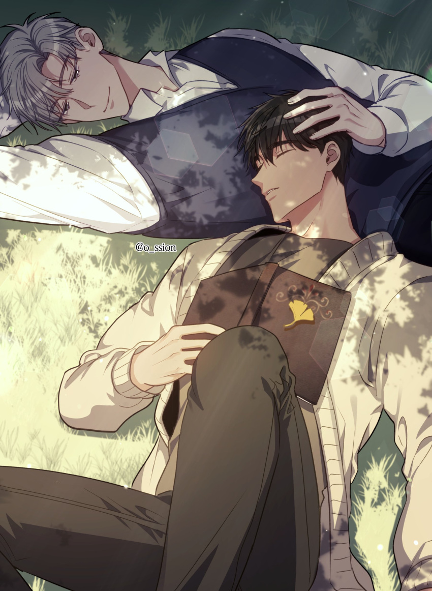 2boys absurdres blue_sweater_vest book brown_hair brown_shirt cardigan closed_eyes collared_shirt feet_out_of_frame grass hand_on_another's_head highres ilay_riegrow jeong_taeui leaf lying lying_on_person male_focus multiple_boys o_ssion on_back on_grass open_cardigan open_clothes passion_(manhwa) shirt sweater_vest tree_shade white_hair
