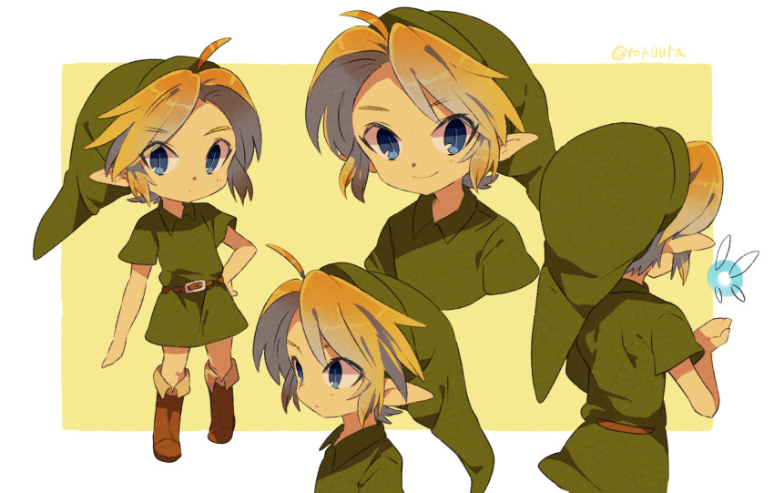 1boy ahoge artist_name belt belt_buckle blonde_hair blue_eyes blush boots brown_belt brown_footwear buckle closed_mouth collared_shirt commentary_request expressionless facing_away fairy full_body green_headwear green_shirt hand_on_own_hip hands_up hat highres link looking_at_viewer male_focus multiple_views navi parted_bangs pointy_ears shirt short_hair short_sleeves sidelocks simple_background smile solo the_legend_of_zelda the_legend_of_zelda:_ocarina_of_time tokuura twitter_username two-tone_background upper_body white_background yellow_background young_link