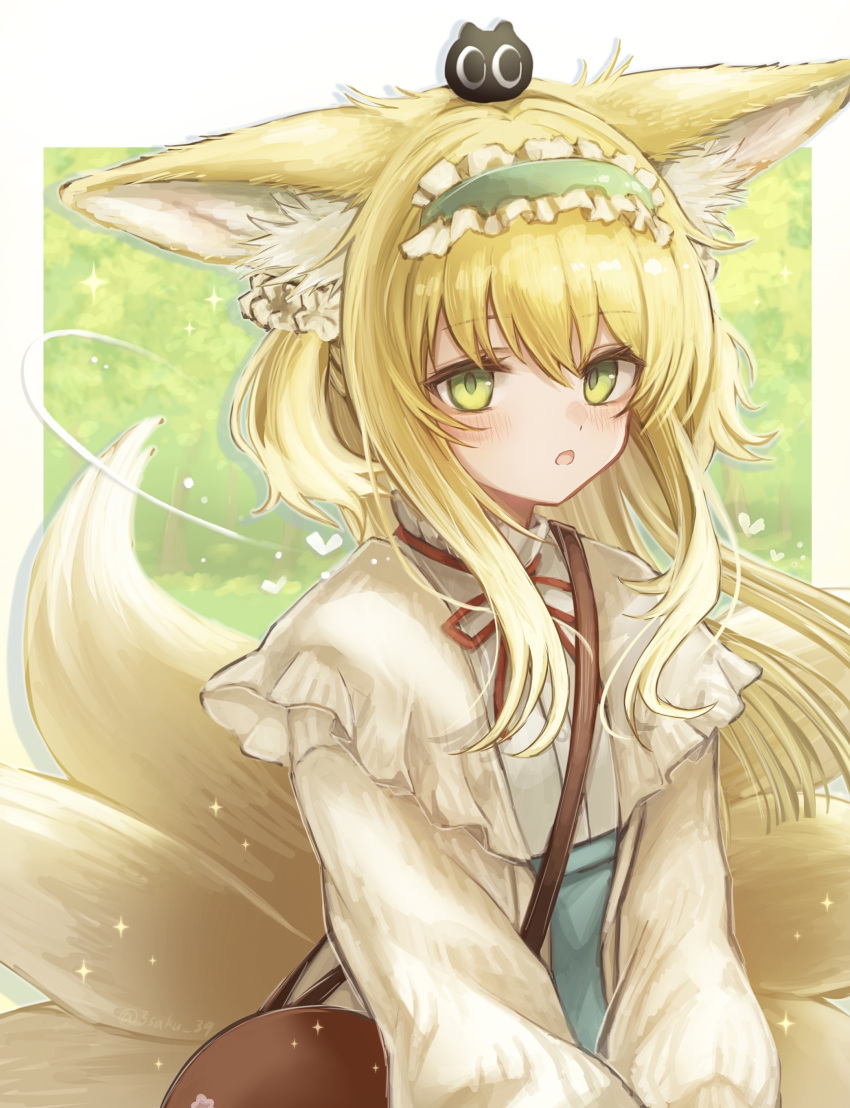 1girl 3_(sanyako1) absurdres animal_ear_fluff animal_ears arknights bag black_cat blonde_hair blue_hairband blue_skirt blush brown_bag cardigan cat commentary crossover fox_ears fox_girl fox_tail frilled_hairband frills green_eyes hair_ornament hair_scrunchie hairband heixiu high-waist_skirt highres kitsune kyuubi long_hair long_sleeves looking_at_viewer luo_xiaohei_zhanji multiple_tails neck_ribbon official_alternate_costume on_head open_cardigan open_clothes parted_lips puffy_long_sleeves puffy_sleeves red_ribbon ribbon round_bag scrunchie shirt shoulder_bag skirt solo suzuran_(arknights) suzuran_(spring_praise)_(arknights) tail upper_body white_shirt yellow_cardigan