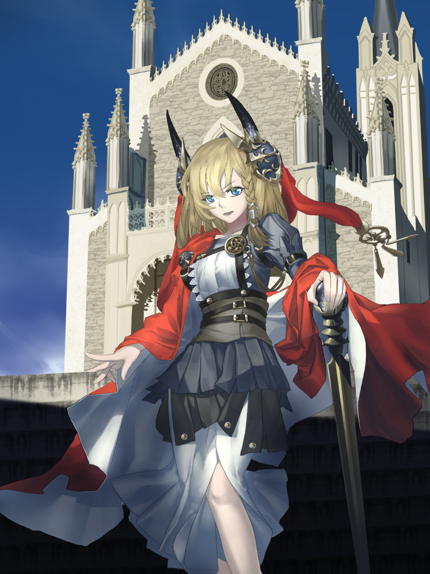 1girl blonde_hair blue_eyes braid breasts cape church commentary_request dress feet_out_of_frame fuhak grey_dress hair_between_eyes headgear highres holding holding_scepter long_bangs long_hair looking_at_viewer medium_breasts open_mouth original red_cape scepter side_braid single_braid smile solo two-sided_cape two-sided_fabric white_cape
