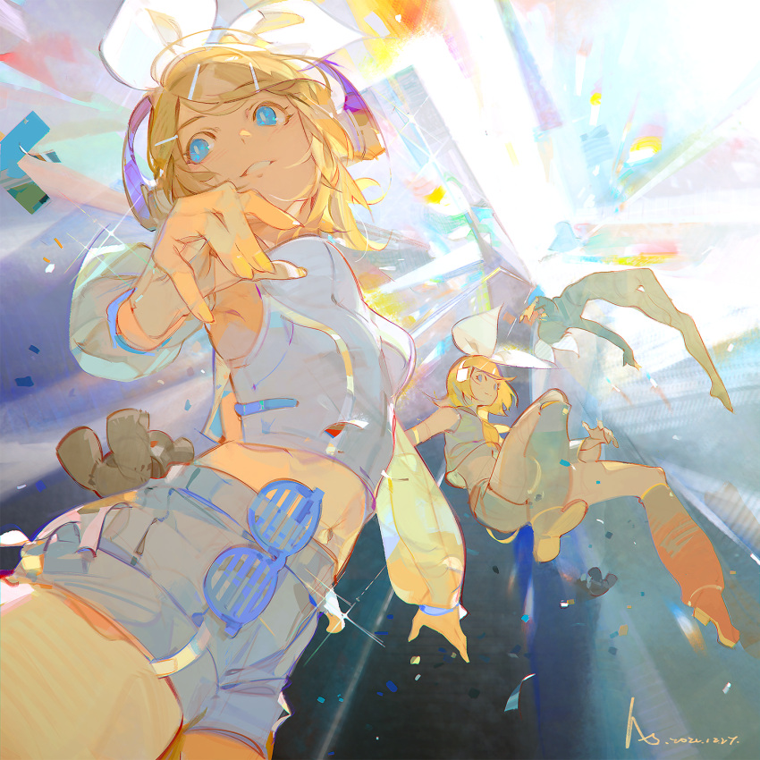 1girl a-shacho alternate_costume blonde_hair blue_eyes bow confetti detached_sleeves eyewear_on_clothing falling hair_bow hair_ornament hair_ribbon hairclip headphones highres kagamine_rin looking_to_the_side pants ribbon see-through see-through_sleeves shirt short_hair shorts smile sparkle stuffed_animal stuffed_toy teddy_bear vocaloid white_pants white_shirt yellow_nails