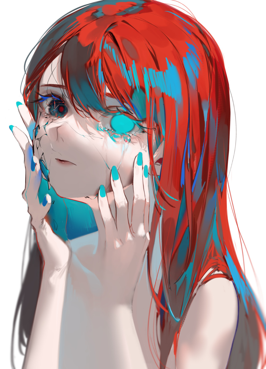 1girl aqua_eyes aqua_nails closed_mouth commentary_request cracked_skin crying crying_with_eyes_open empty_eyes hands_on_own_face highres long_hair looking_at_viewer mismatched_pupils nail_polish original redhead simple_background solo tears upper_body white_background zumi_(neronero126)